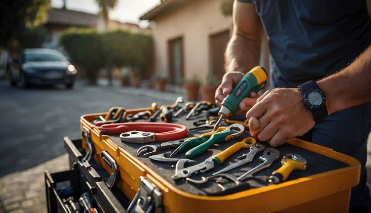 An electrician selecting tools from a toolbox in front of a house in Guadalajara. Five top electricians listed nearby