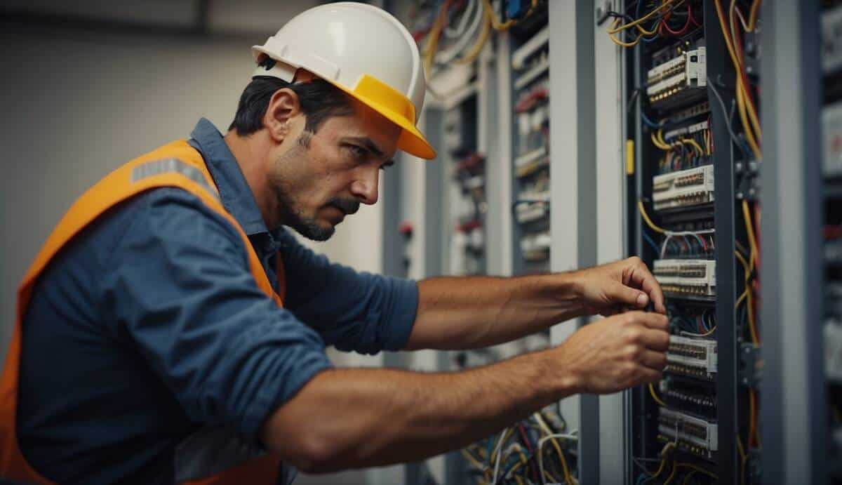 A professional electrician working on a complex wiring system in a residential building in Jaén, demonstrating the importance of hiring a skilled electrician