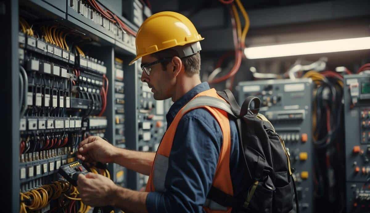 An electrician inspecting a circuit breaker panel with a toolbelt and safety gear, surrounded by various electrical wires and components