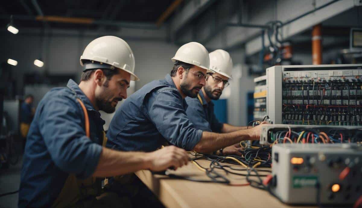 A group of certified electricians in Lérida, Spain, working on various electrical tasks with precision and expertise