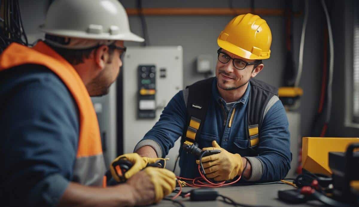 An electrician with tools and safety gear, working on wiring in a well-lit room, with a satisfied customer looking on