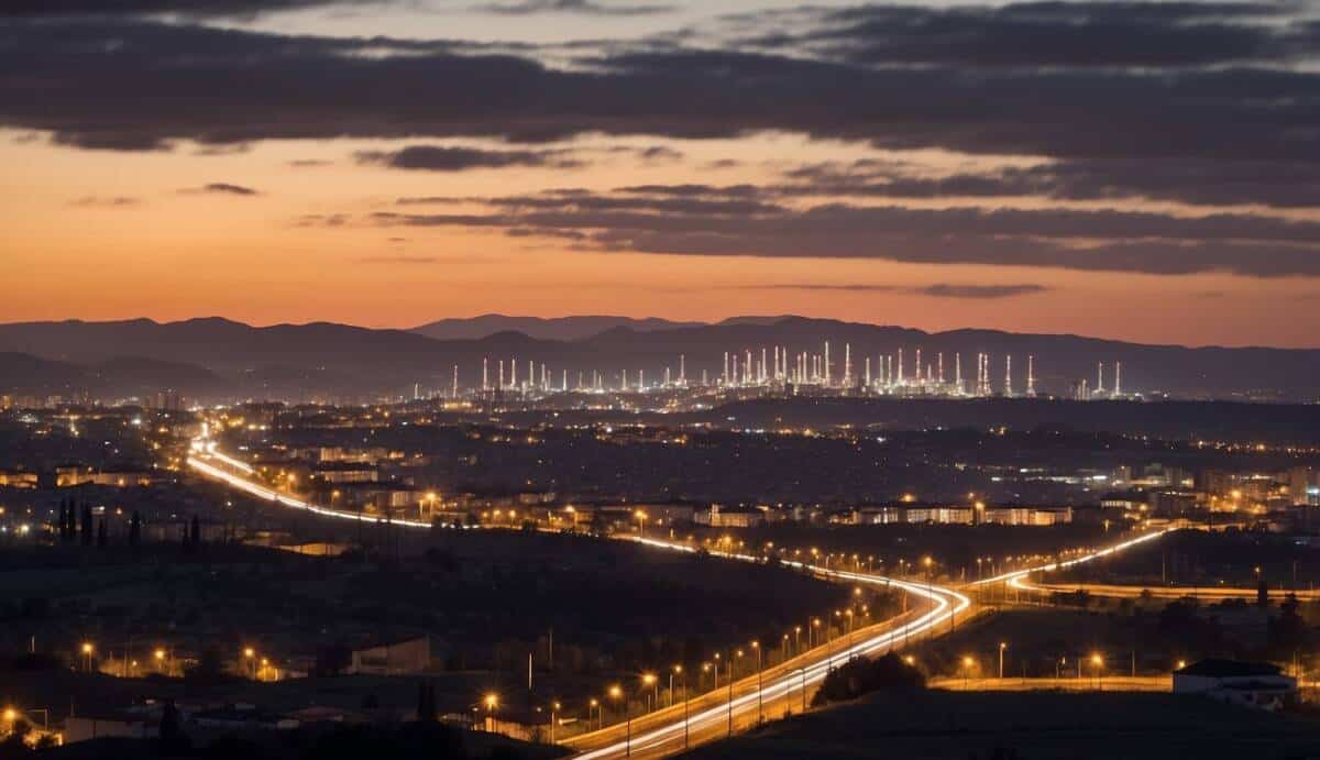 A well-lit city skyline with 5 prominent electrical towers in Lorgoño, highlighting the importance of choosing a good electrician