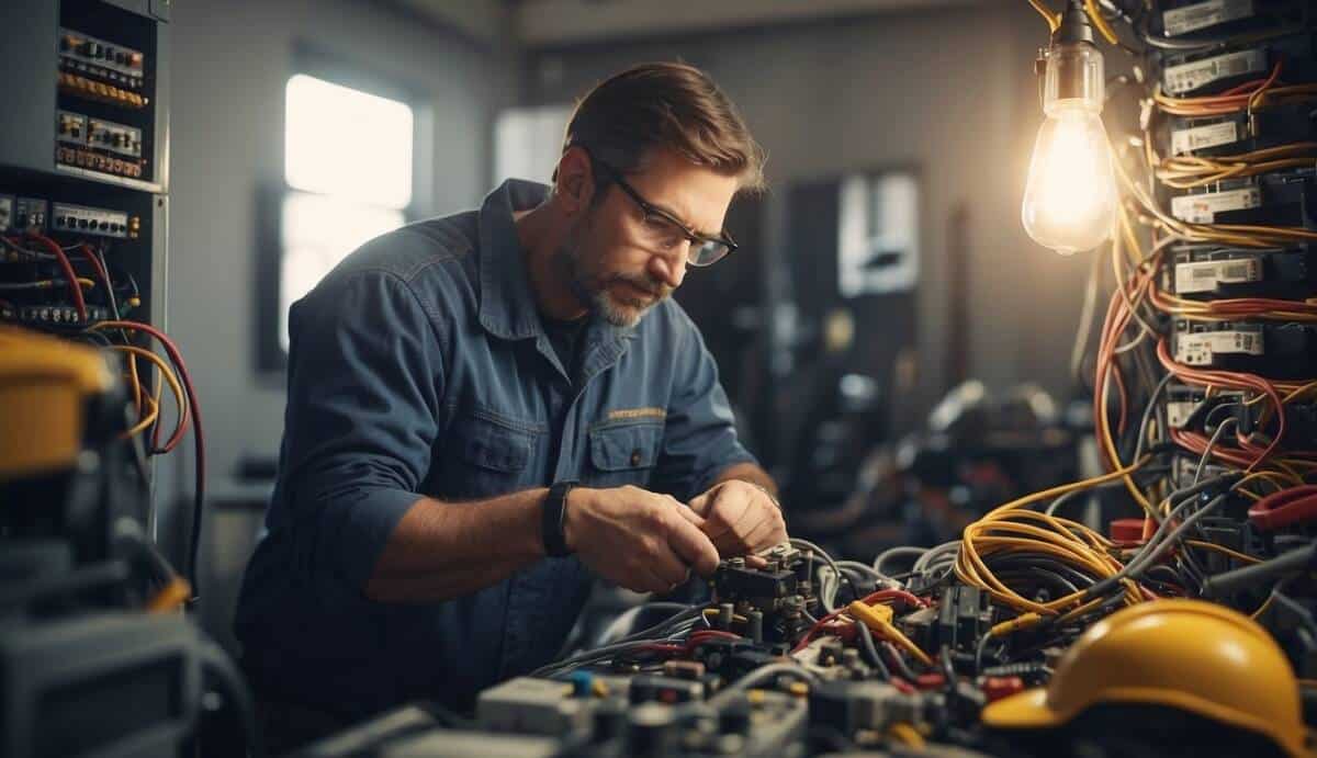 A professional electrician working on a complex wiring system, surrounded by tools and equipment in a well-lit room