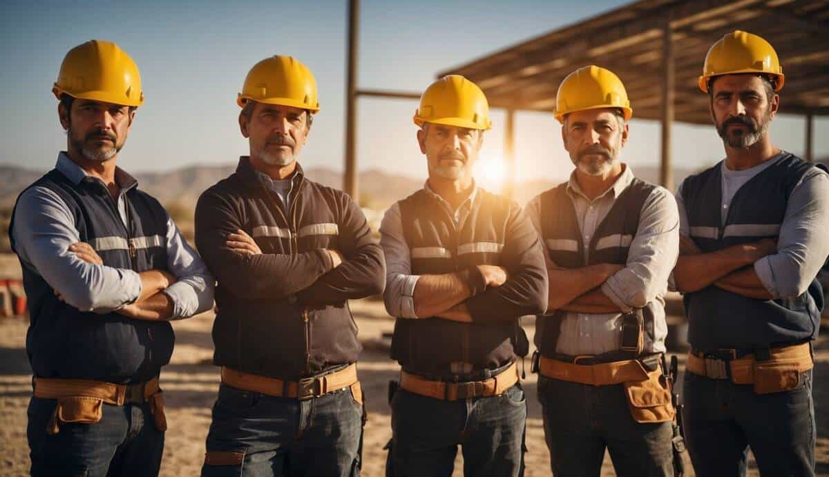 Five electricians in Lorca, each with different tools and equipment, stand in a row, waiting to be chosen. The sun shines down on them as they await their next electrical job