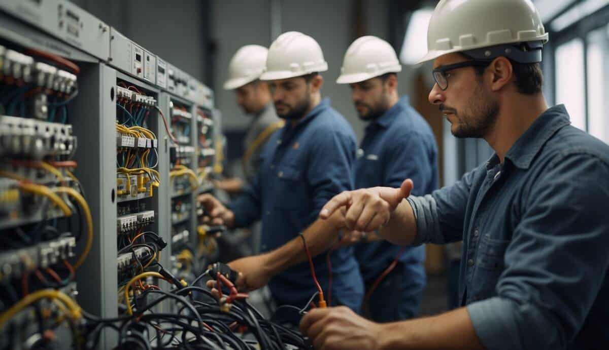 A group of electricians working on various electrical tasks in the city of Lugo, showcasing their expertise and professionalism