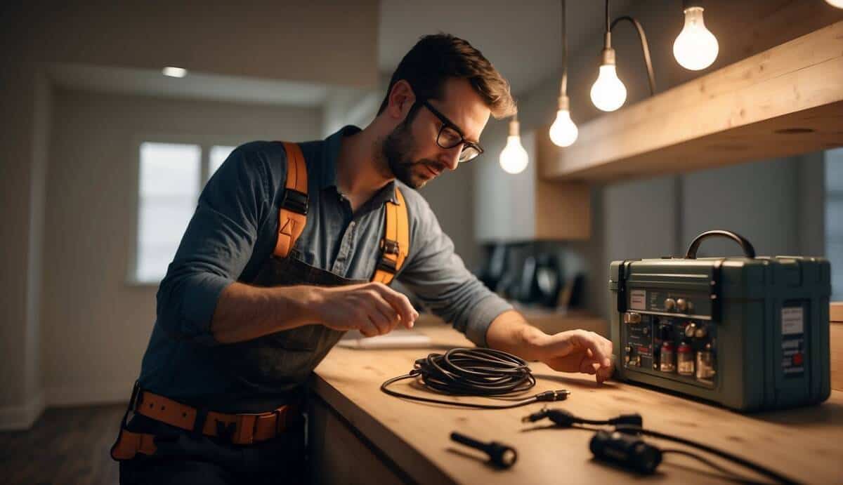 A professional electrician with a toolbox, testing wires, and fixing a light fixture in a modern home