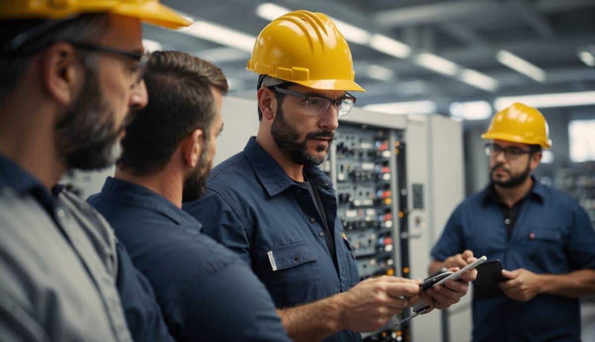 A group of certified electricians in Málaga working on various electrical systems, showcasing their expertise and professionalism