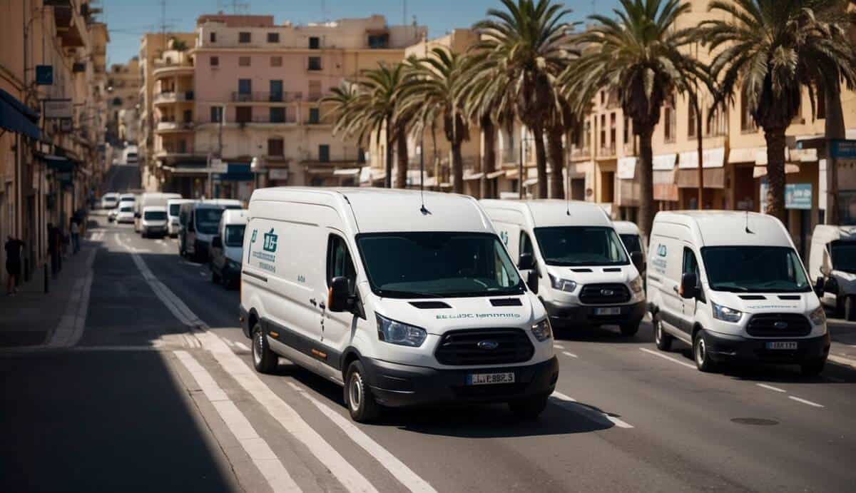 A bustling street in Melilla, with 5 electricians' vans parked outside. Each van has a logo and phone number, indicating top electricians in the area