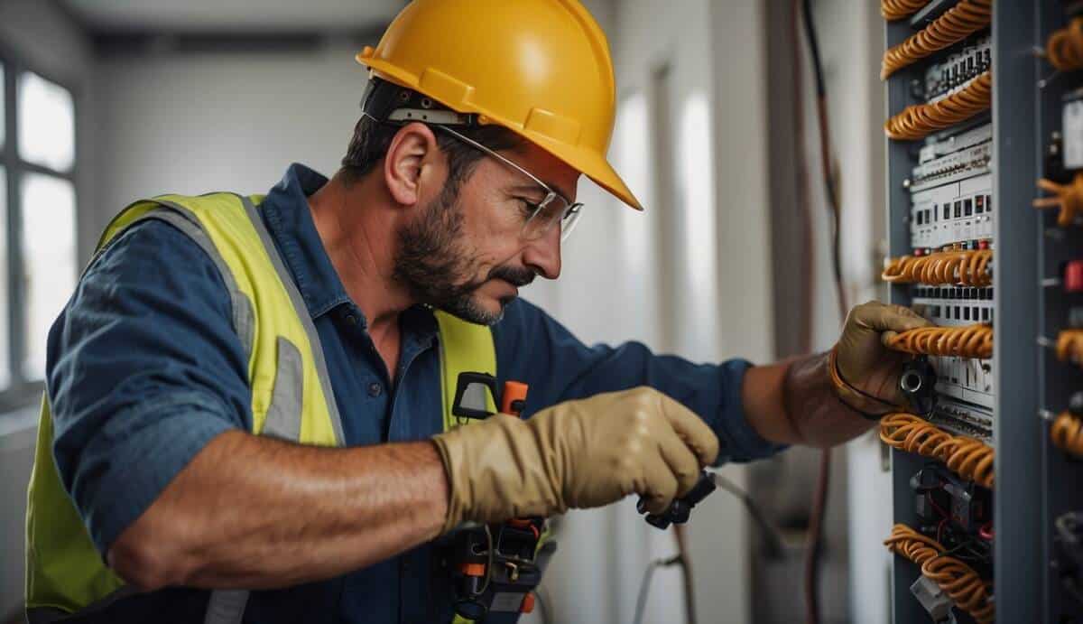 A professional electrician working on electrical wiring in a residential building in Melilla, Spain. The electrician is using specialized tools and equipment to ensure safety and proper installation