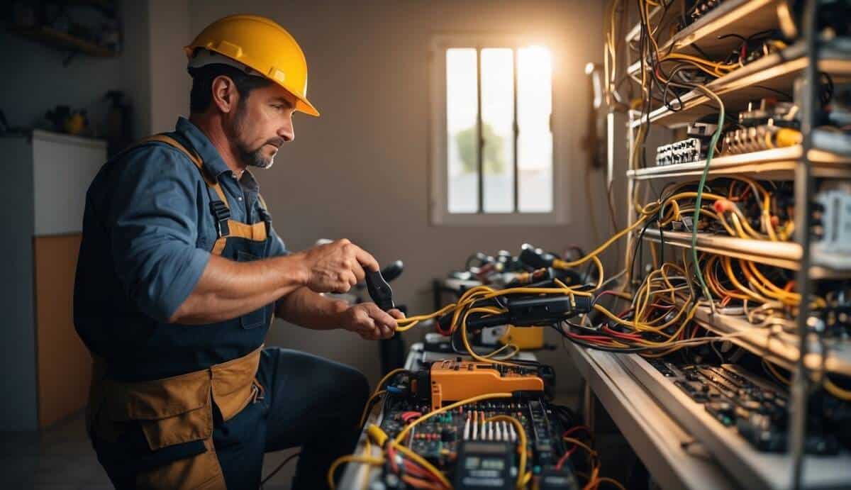 A certified electrician working on wiring in a Mijas home, surrounded by tools and electrical equipment