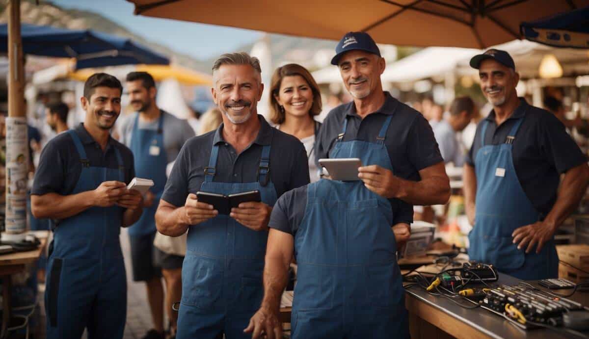 A group of electricians in Mijas offering common services, depicted in a vibrant and bustling marketplace setting