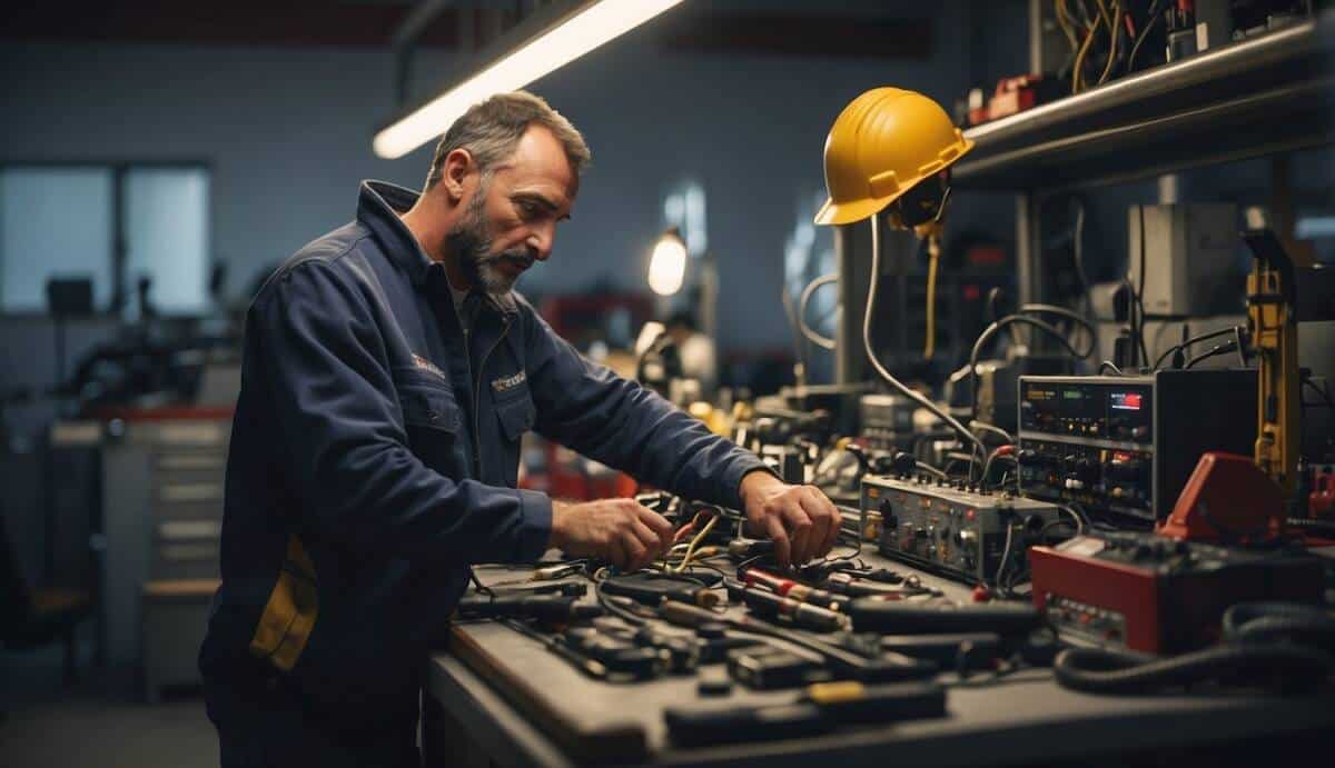 An electrician carefully selects tools in a well-lit workshop, surrounded by electrical equipment and safety gear. The city of Murcia is depicted in the background