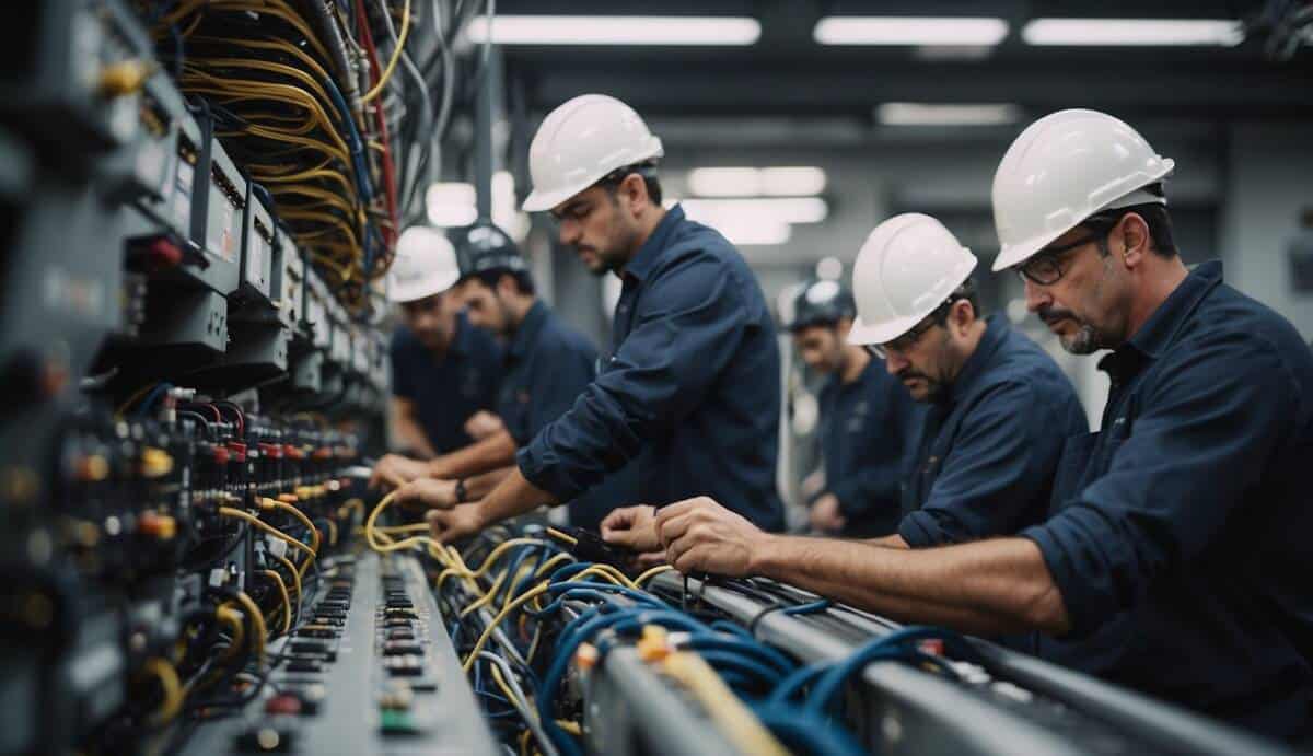 A group of certified electricians working on various electrical systems in Orense, showcasing their expertise and professionalism