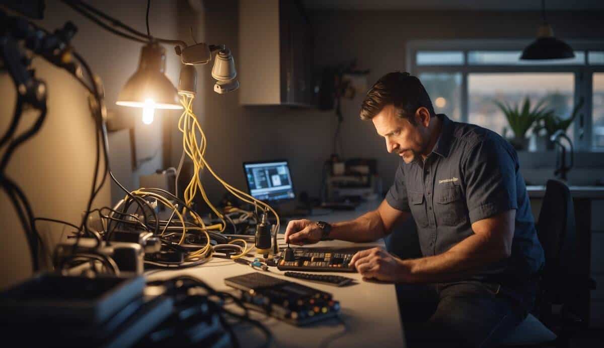 A professional electrician working on wiring in a modern home, surrounded by tools and equipment. Bright lighting and a clean, organized workspace