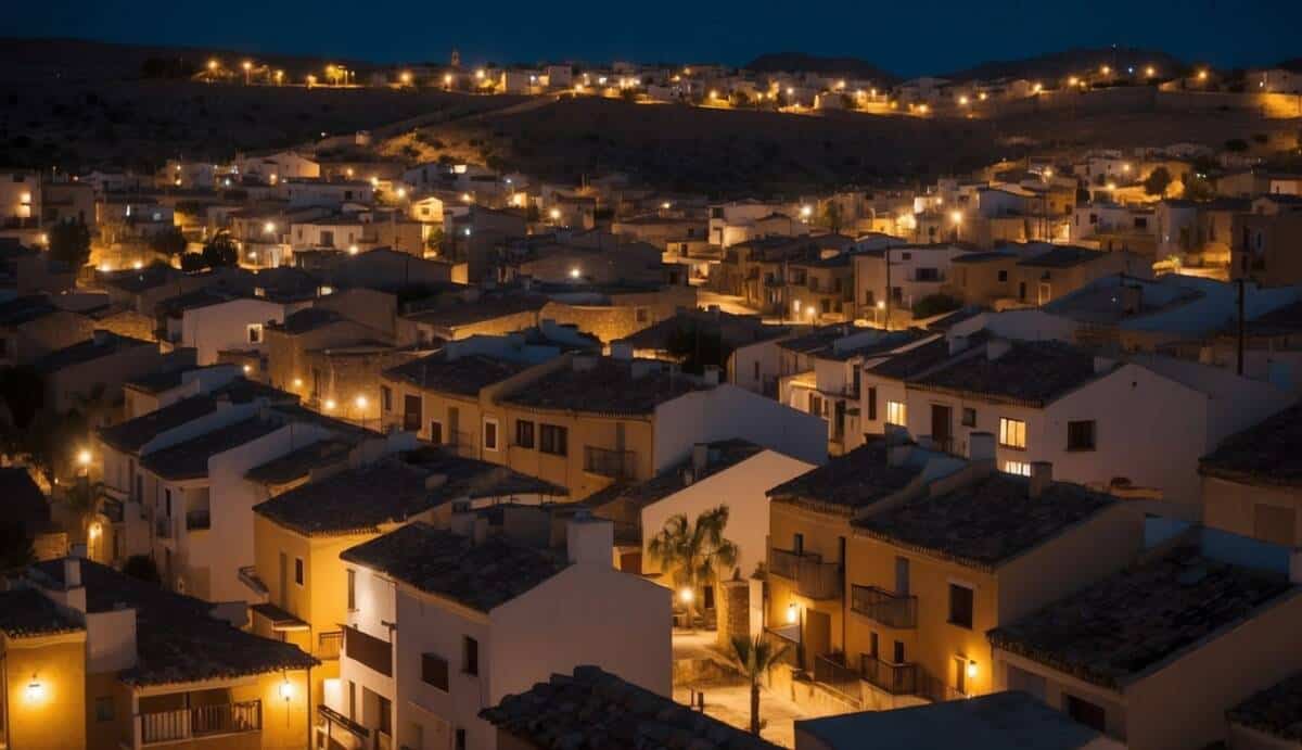 A residential area with houses and buildings in Orihuela. A few buildings have electrical issues, indicated by flickering lights and malfunctioning appliances