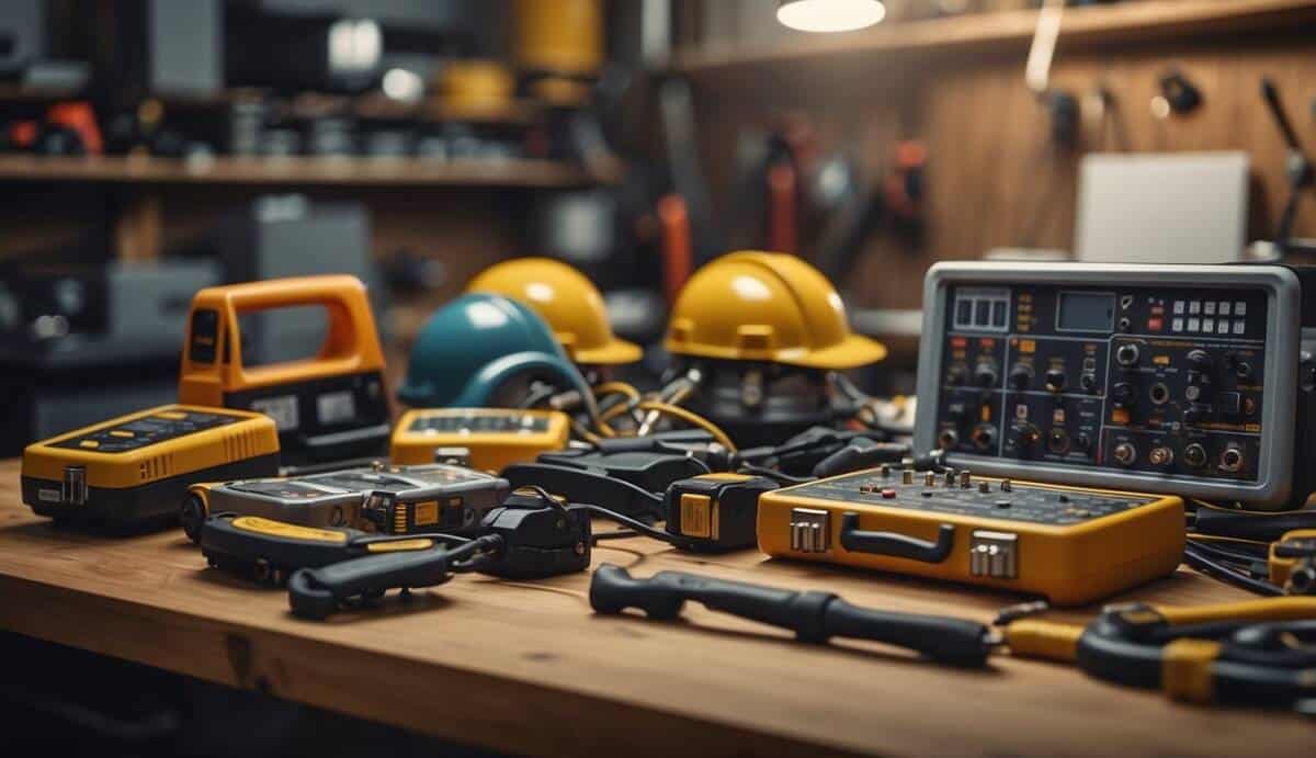 A group of electrical tools and equipment neatly organized on a workbench, with certificates and qualifications displayed on the wall behind