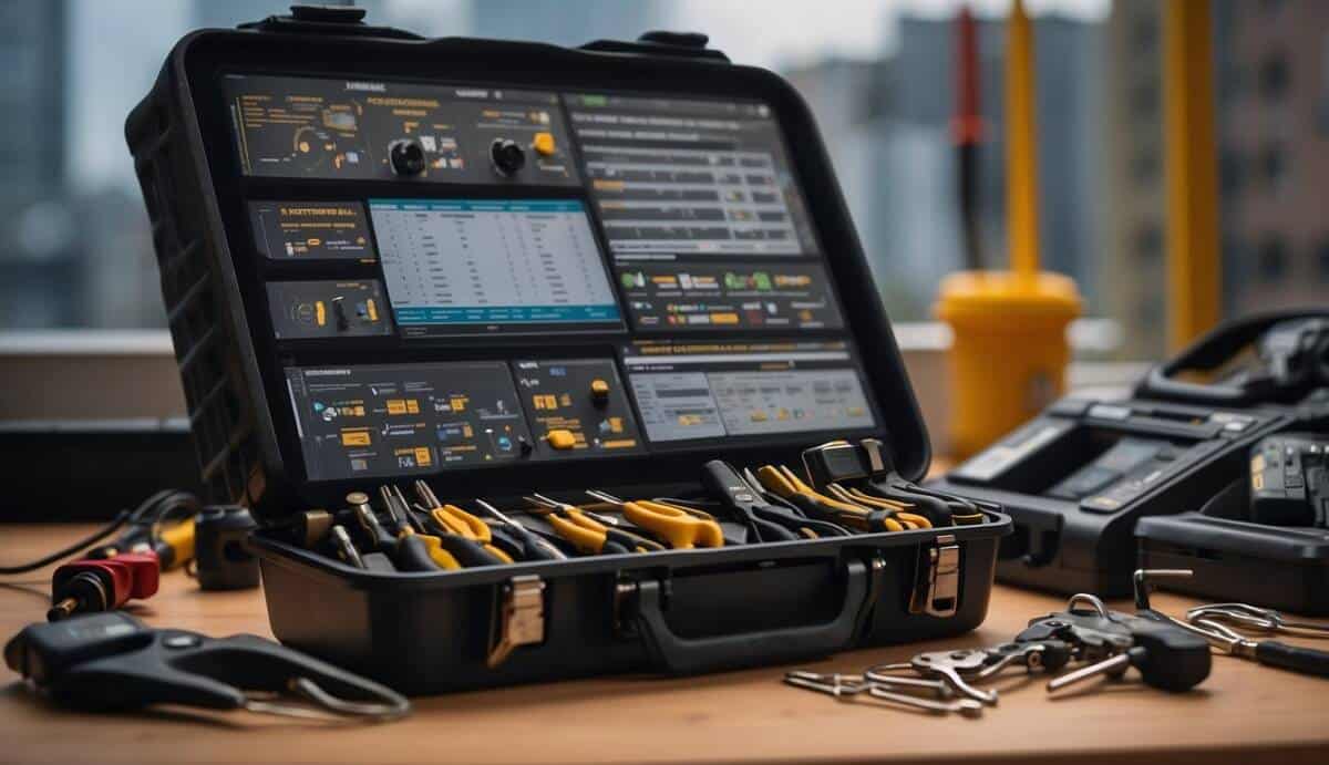 An electrician's toolbox with various tools, a cityscape of Oviedo in the background, and a list of the "5 best electricians in Oviedo" displayed on a computer screen