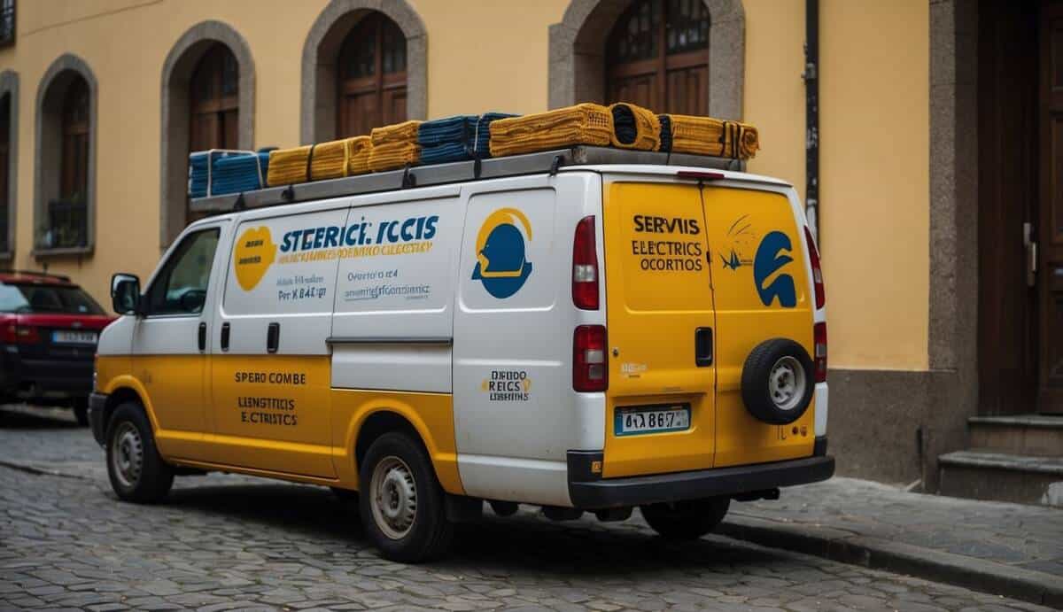 An electrician's toolbox and van parked outside a residential building in Oviedo, with a sign displaying "Servicios Comunes Ofrecidos por Electricistas en Oviedo" and a list of the "5 mejores electricistas en Ov