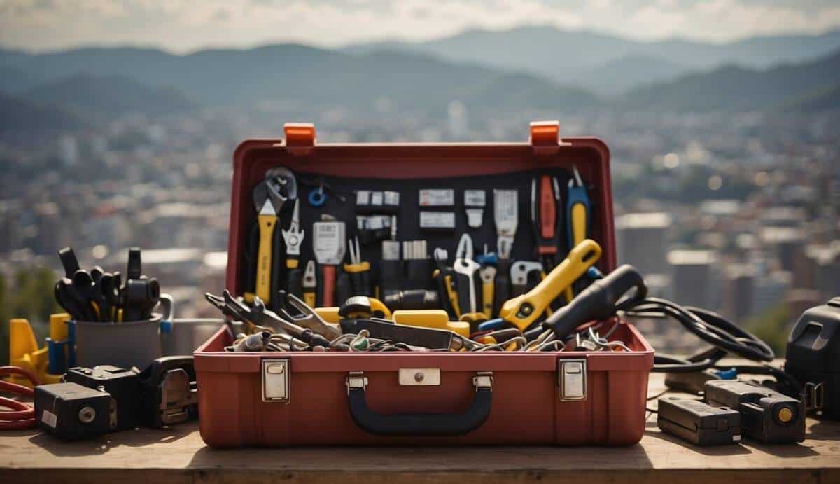 An electrician's toolbox with various tools and equipment, a city skyline in the background, and a sign indicating "Top 5 electricians in Pamplona"