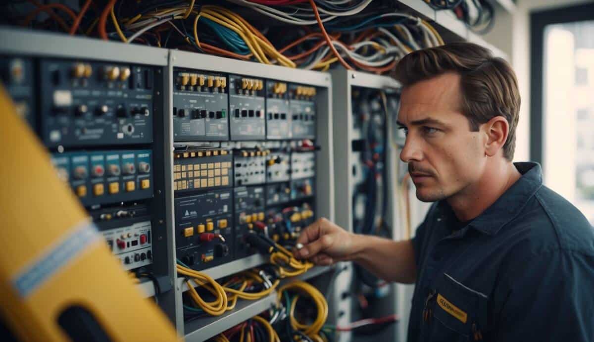 A professional electrician working on a complex wiring system in a modern home, surrounded by tools and equipment