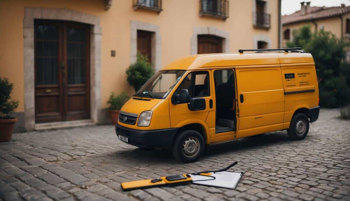 An electrician's van parked outside a house in Pamplona. Tools and a clipboard with a checklist are visible through the open side door. A ladder leans against the side of the house