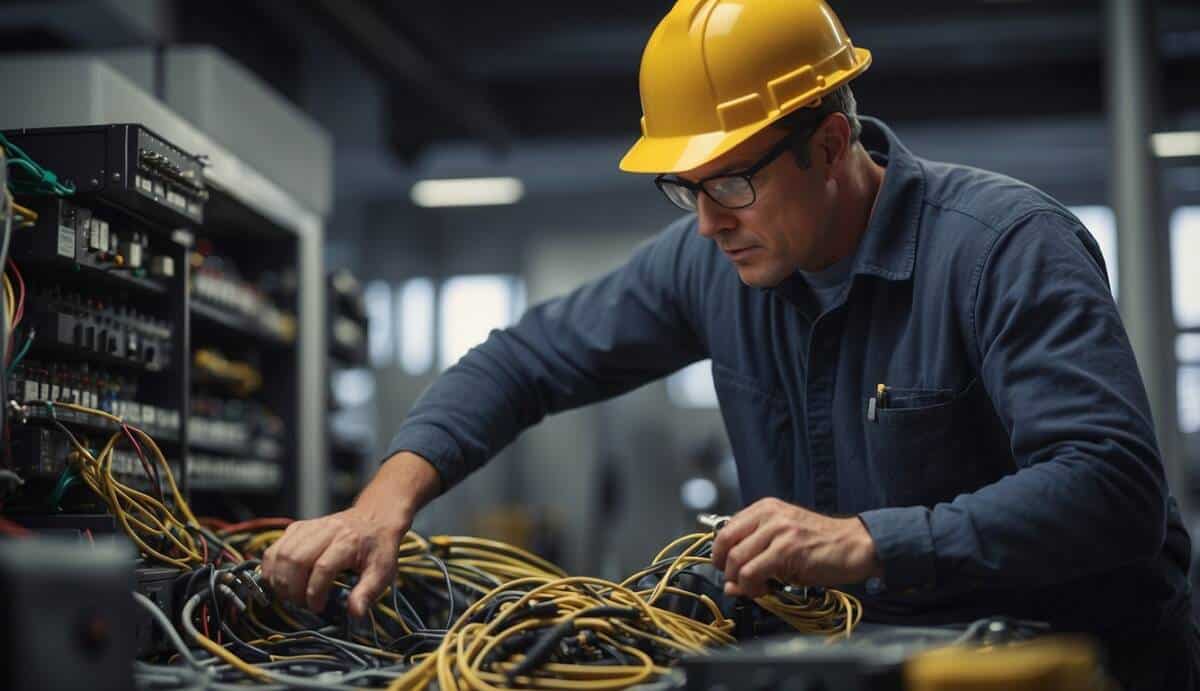 A professional electrician working on a complex wiring system in a modern building. Tools and equipment scattered around the work area