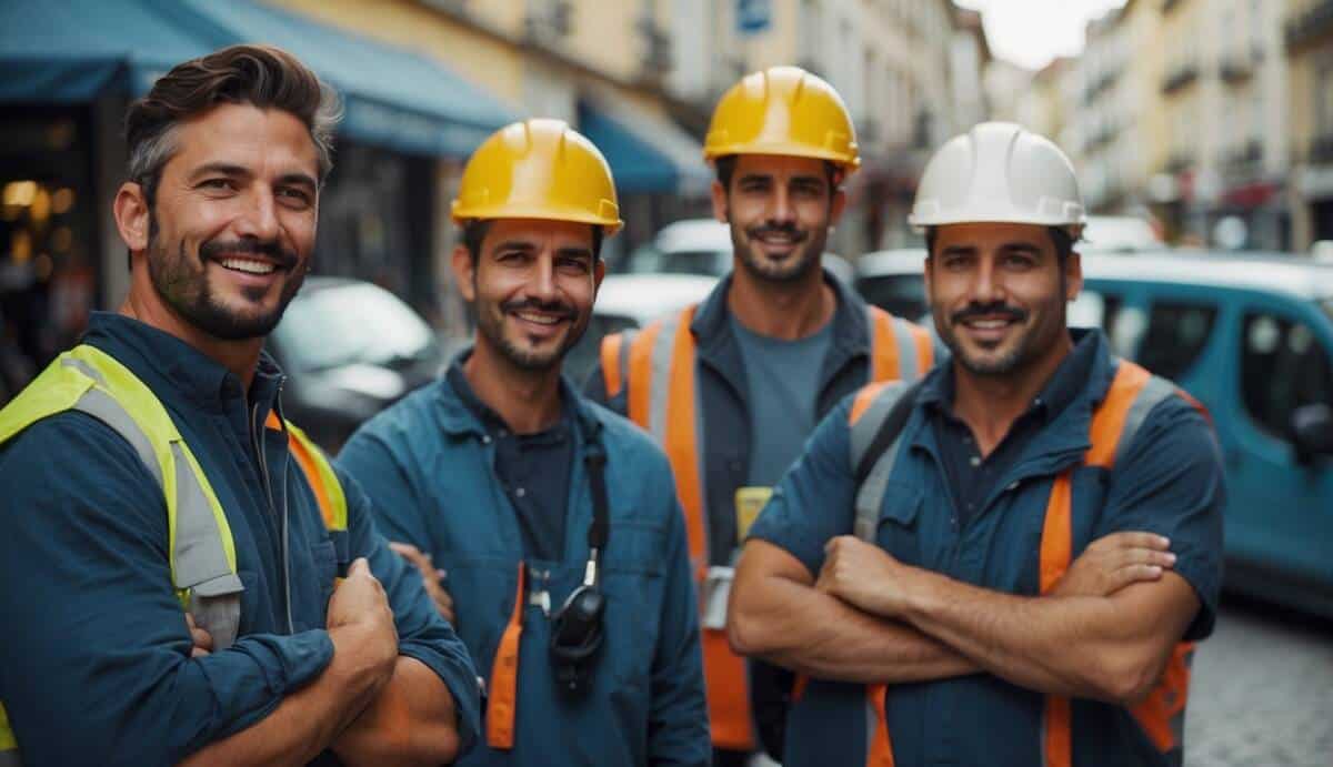 A group of electricians in Pontevedra offering common services, depicted in a vibrant and bustling cityscape setting