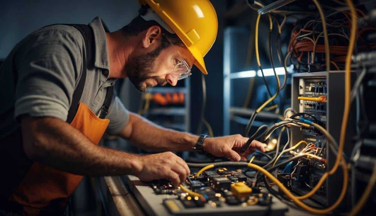 A certified electrician at work in Reus, demonstrating expertise and professionalism. Tools and safety equipment are visible