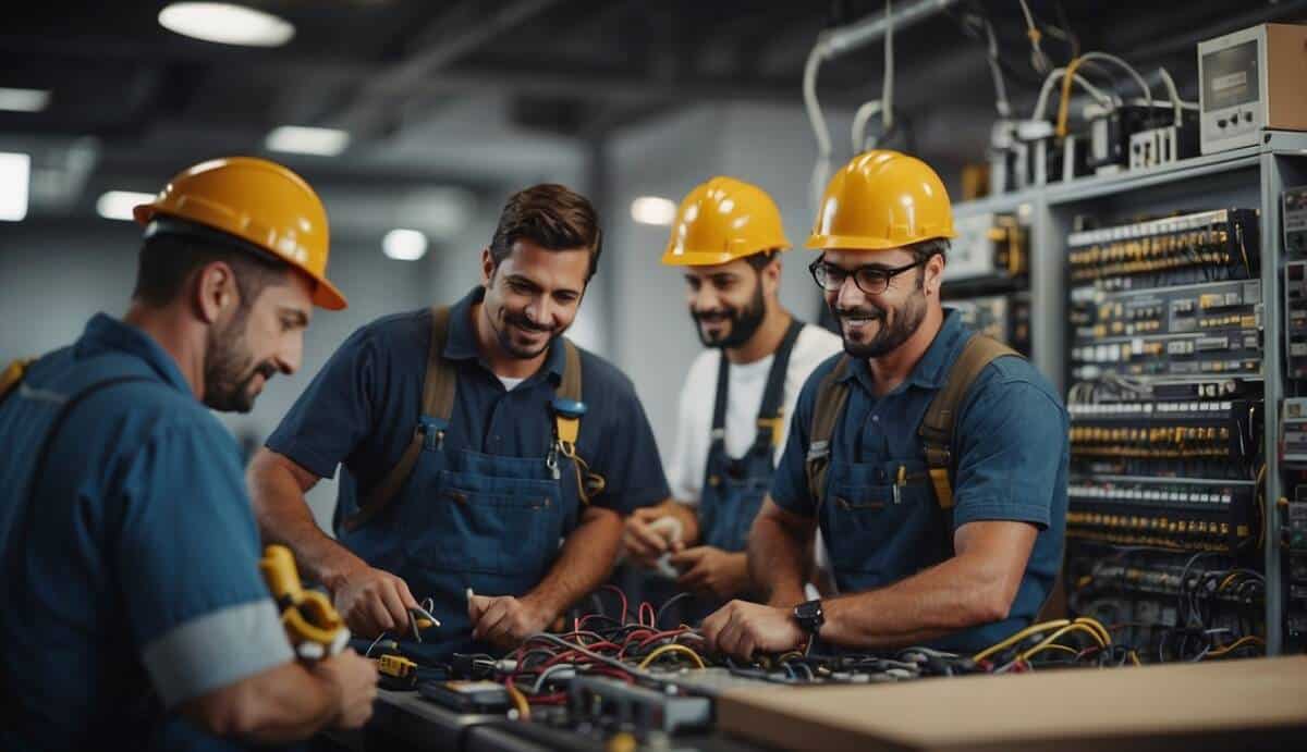 A group of electricians working together in a common area in Reus, showcasing their skills and expertise in electrical services