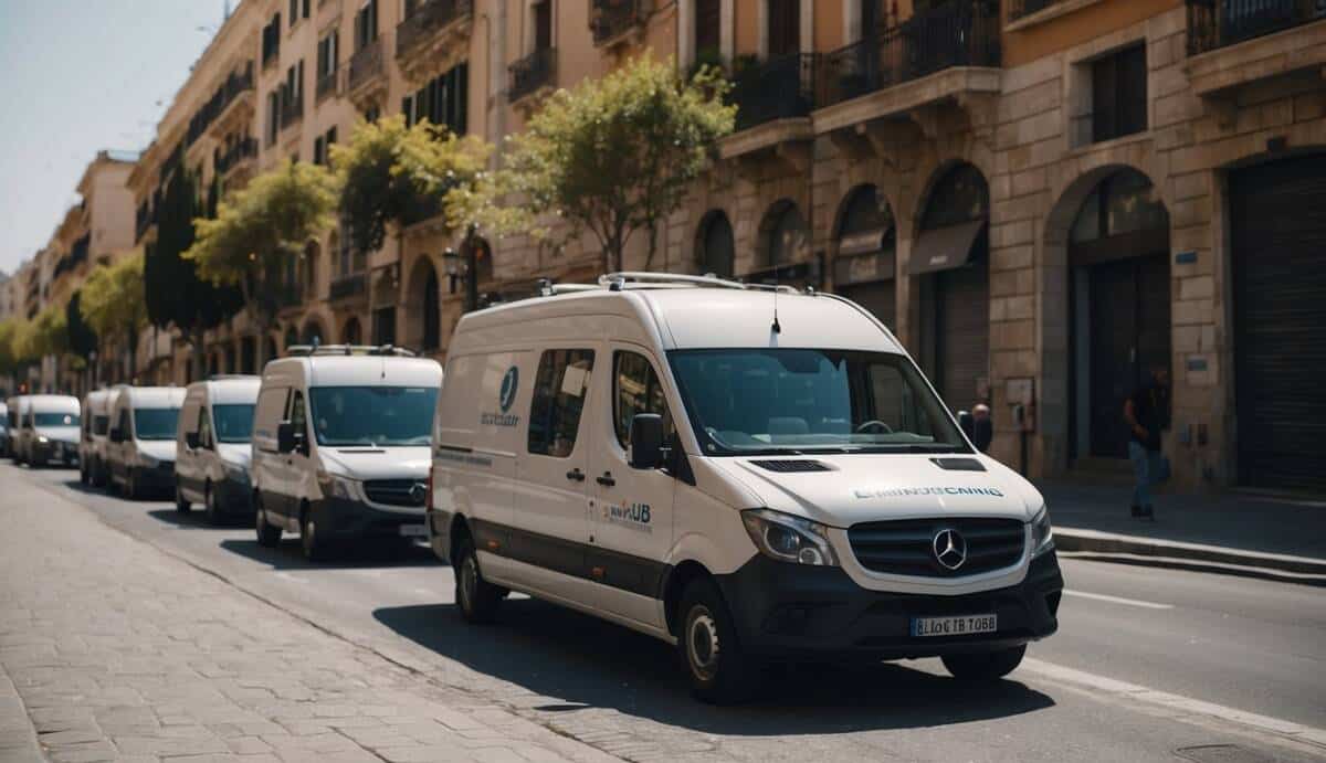 A bustling city street in Reus, with five electricians' vans parked outside various buildings, each displaying their company logos and contact information