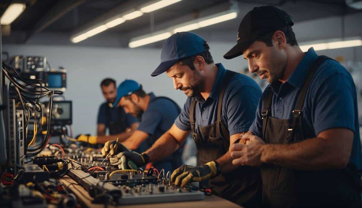 A group of electricians in Roquetas de Mar showcase their skills with various tools and equipment, demonstrating their expertise and professionalism