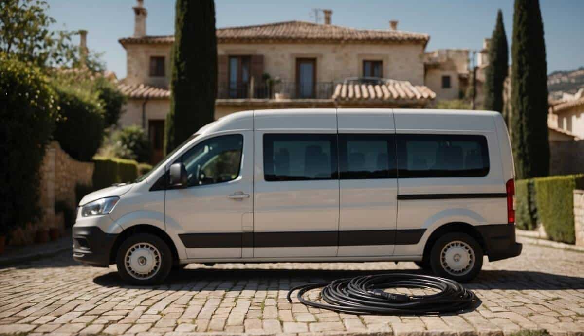 A residential electrician's van parked outside a house in Salamanca, with tools and cables laid out for a job