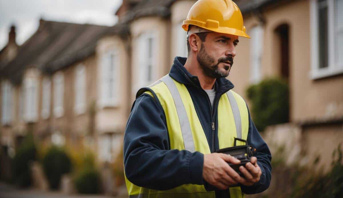 An electrician standing in front of a row of houses, holding a toolbox and wearing a uniform with the words 'Top 5 Electricians in Salamanca' on it