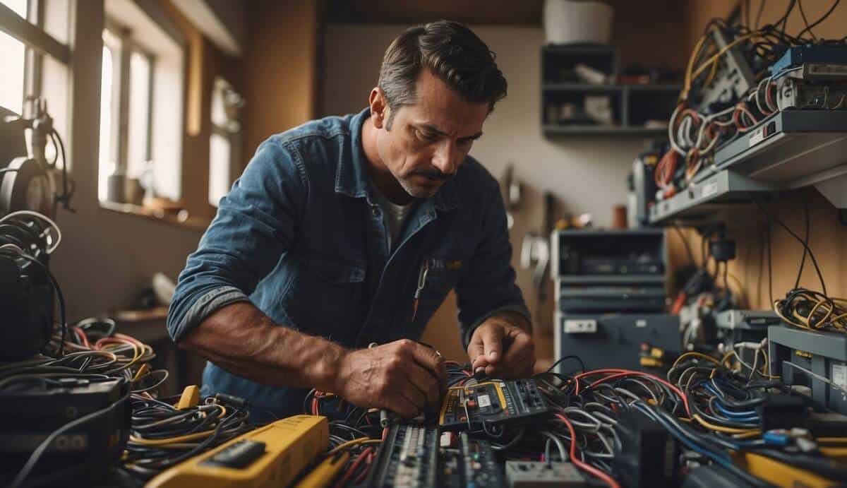 A professional electrician working on wiring in a Santander home, surrounded by tools and equipment