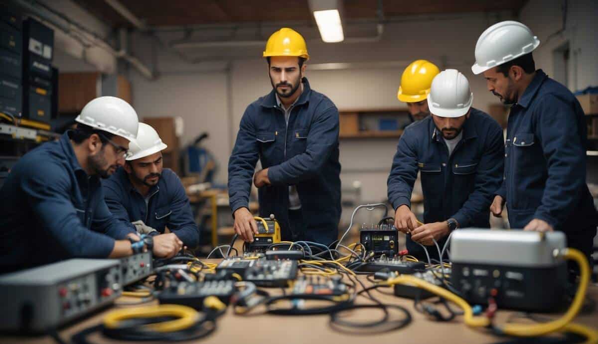 A group of electricians in Santander, working on various electrical tasks, with tools and equipment scattered around