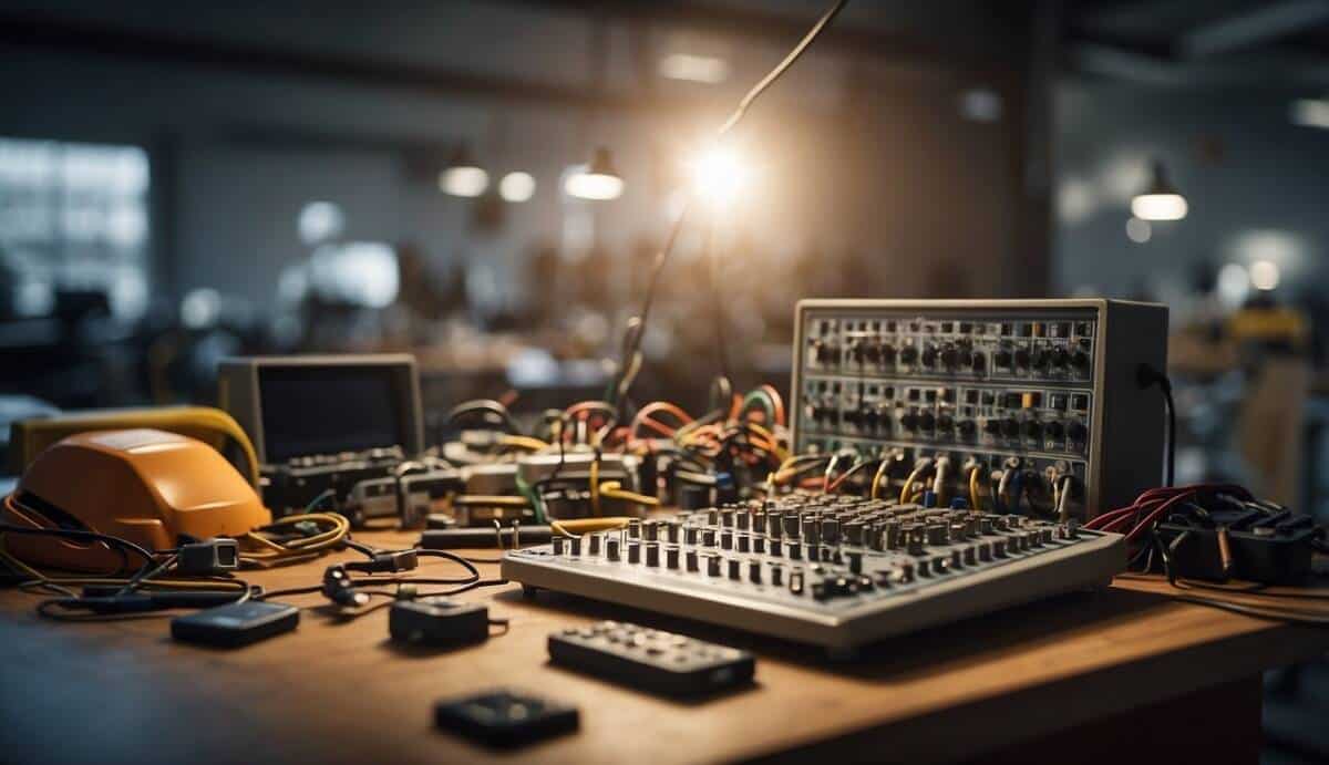 A group of electricians in Santander offering common services. Tools and equipment scattered on a work table. Bright light illuminating the workspace