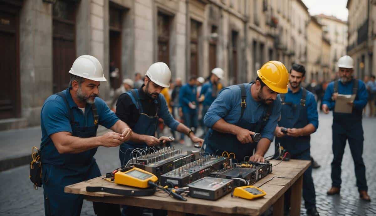 A group of electricians in Santiago de Compostela showcasing their skills and tools in a bustling city setting