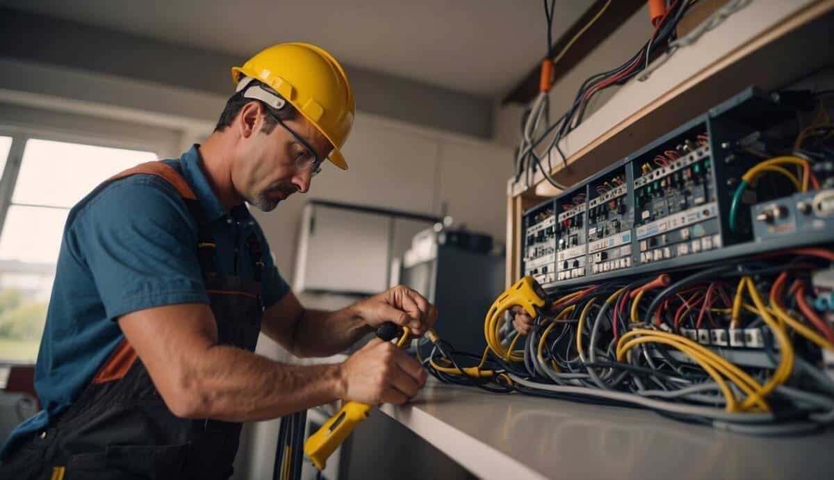 A professional electrician working on wiring in a modern home. Tools and safety equipment are visible. The electrician is focused and confident