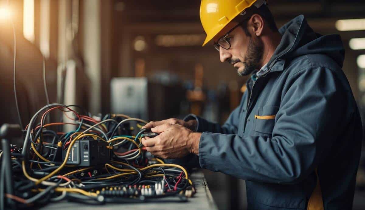 A skilled electrician at work in a residential setting, fixing wiring and installing new fixtures. The electrician is using various tools and equipment, ensuring safety and efficiency