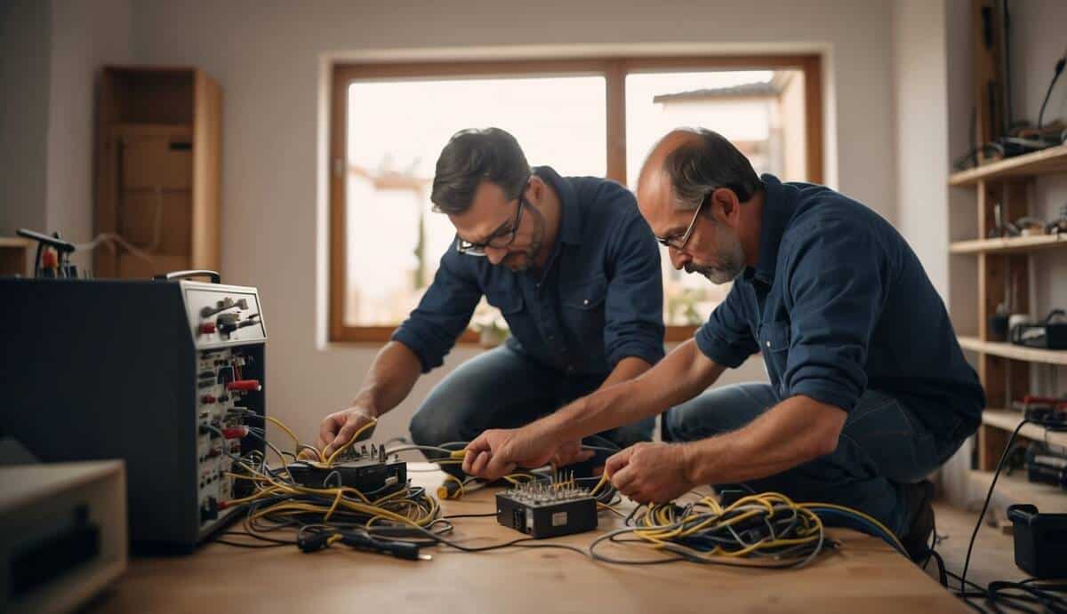 A local electrician working on wiring in a Tarragona home, surrounded by tools and electrical equipment