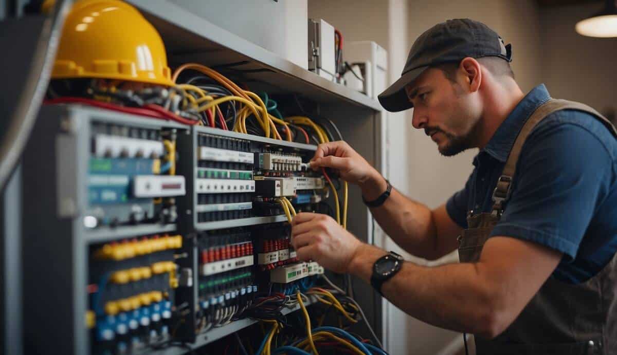 A licensed electrician working on a complex wiring system in a modern Toledo home, surrounded by tools and equipment