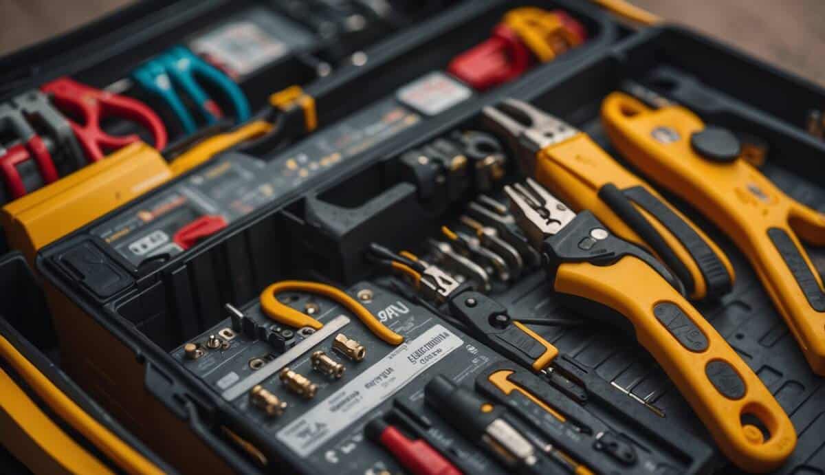 An electrician's toolbox and a list of the top 5 electricians in Torrevieja, Spain