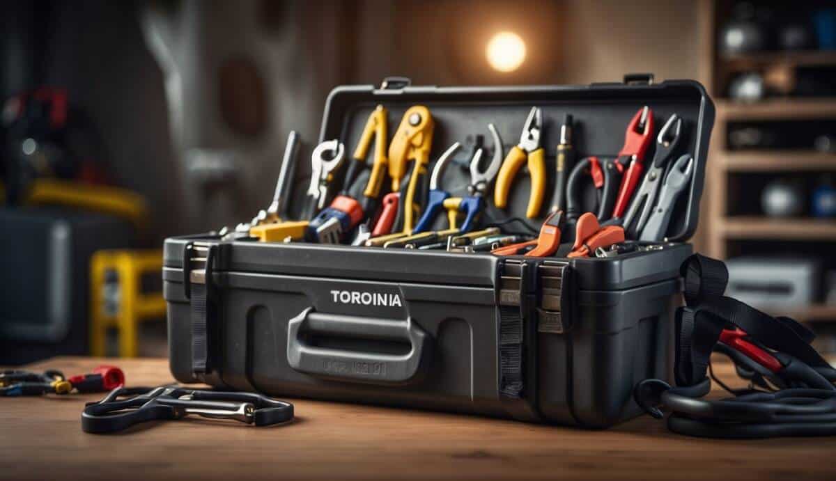 A well-equipped electrician's toolbox with Torrevieja's top 5 electricians' logos displayed