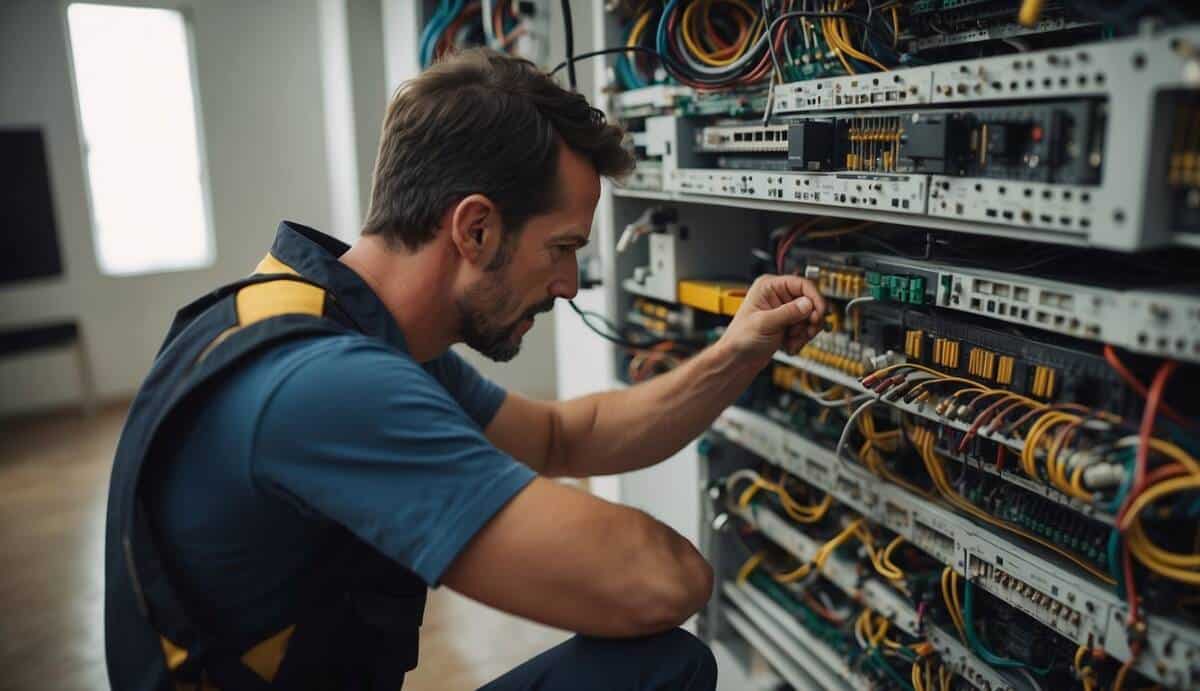 A professional electrician working on a complex wiring system in a modern home in Valencia, with tools and equipment scattered around the room