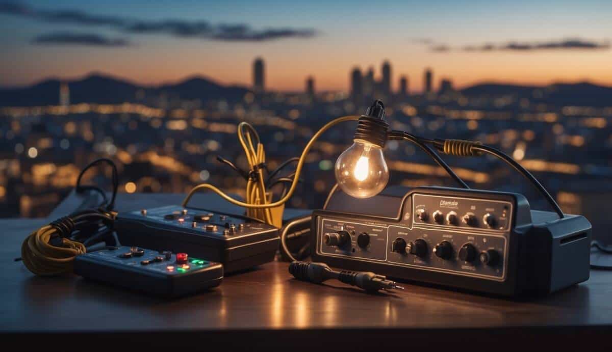 A well-lit room with electrical tools and a city skyline in the background, showcasing the importance of a skilled electrician in Vigo