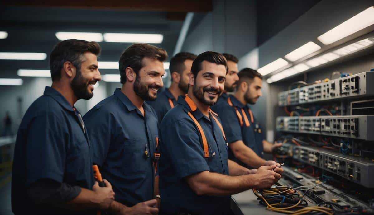 A group of certified electricians working on various electrical tasks in Vitoria, showcasing their expertise and professionalism