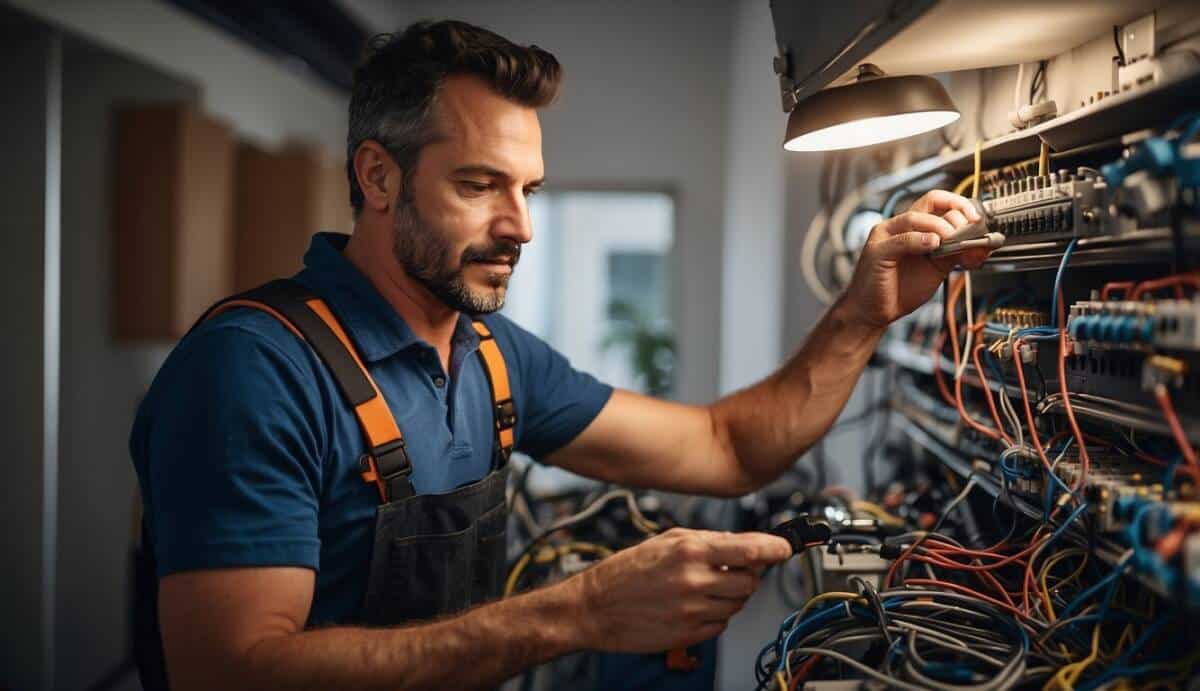 A certified electrician working on wiring in a modern home in El Prat de Llobregat, surrounded by electrical tools and equipment