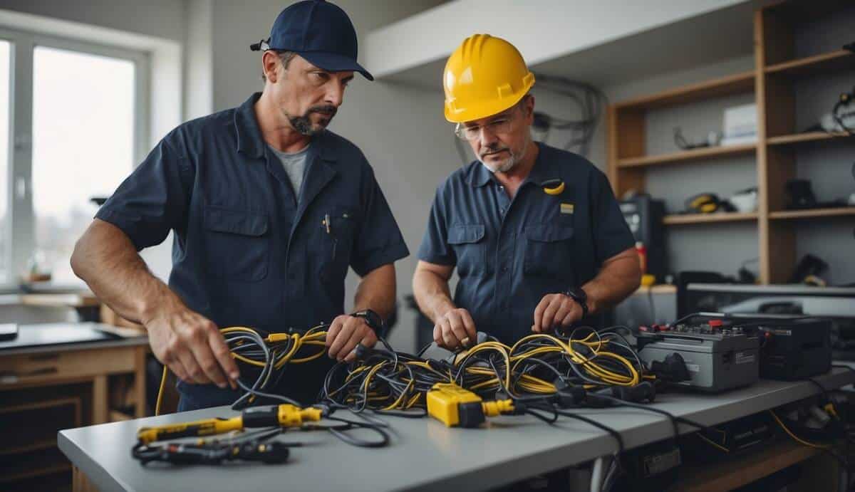 A professional electrician working on a complex wiring system in a modern home, surrounded by tools and equipment. The electrician is focused and wearing protective gear, highlighting the importance of hiring a skilled professional