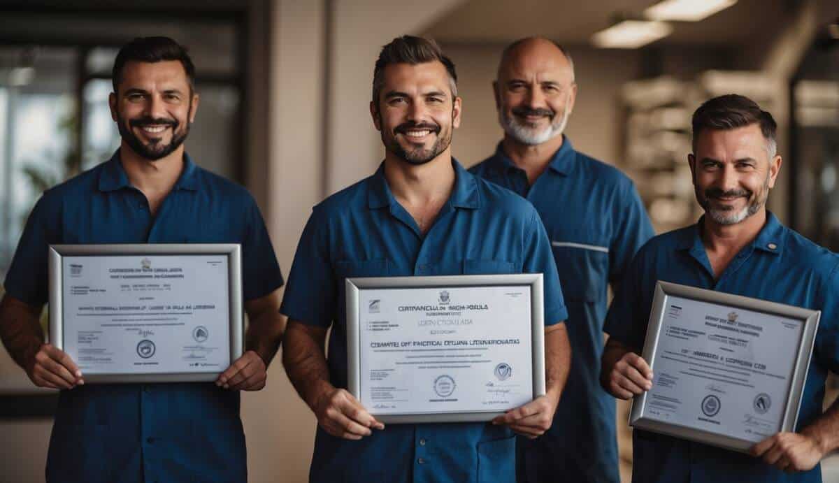 Five electricians in Fuengirola display their certifications and licenses