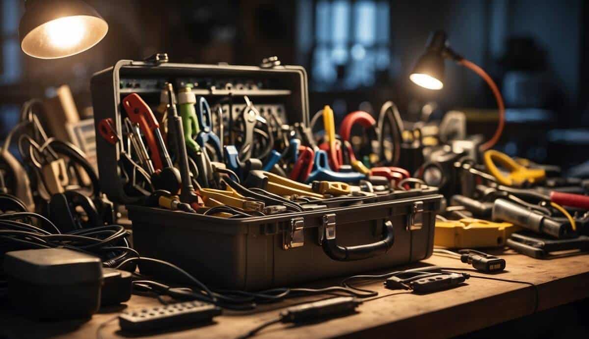 An electrician's toolbox sits open on a cluttered workbench, surrounded by wires, cables, and various tools. A bright light overhead illuminates the scene, casting shadows across the tools and work area